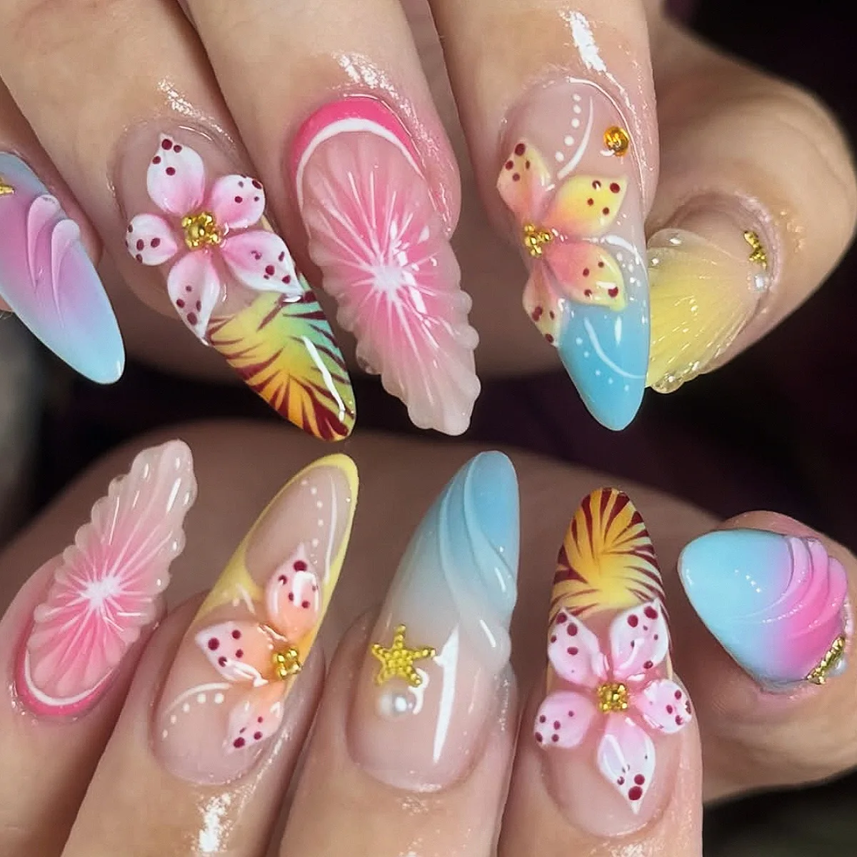 Almond Press on Fake Nails 3D Flower False Nails Leopard Print Gradient French Detachable Full Cover Nails Tips with Rhinestones