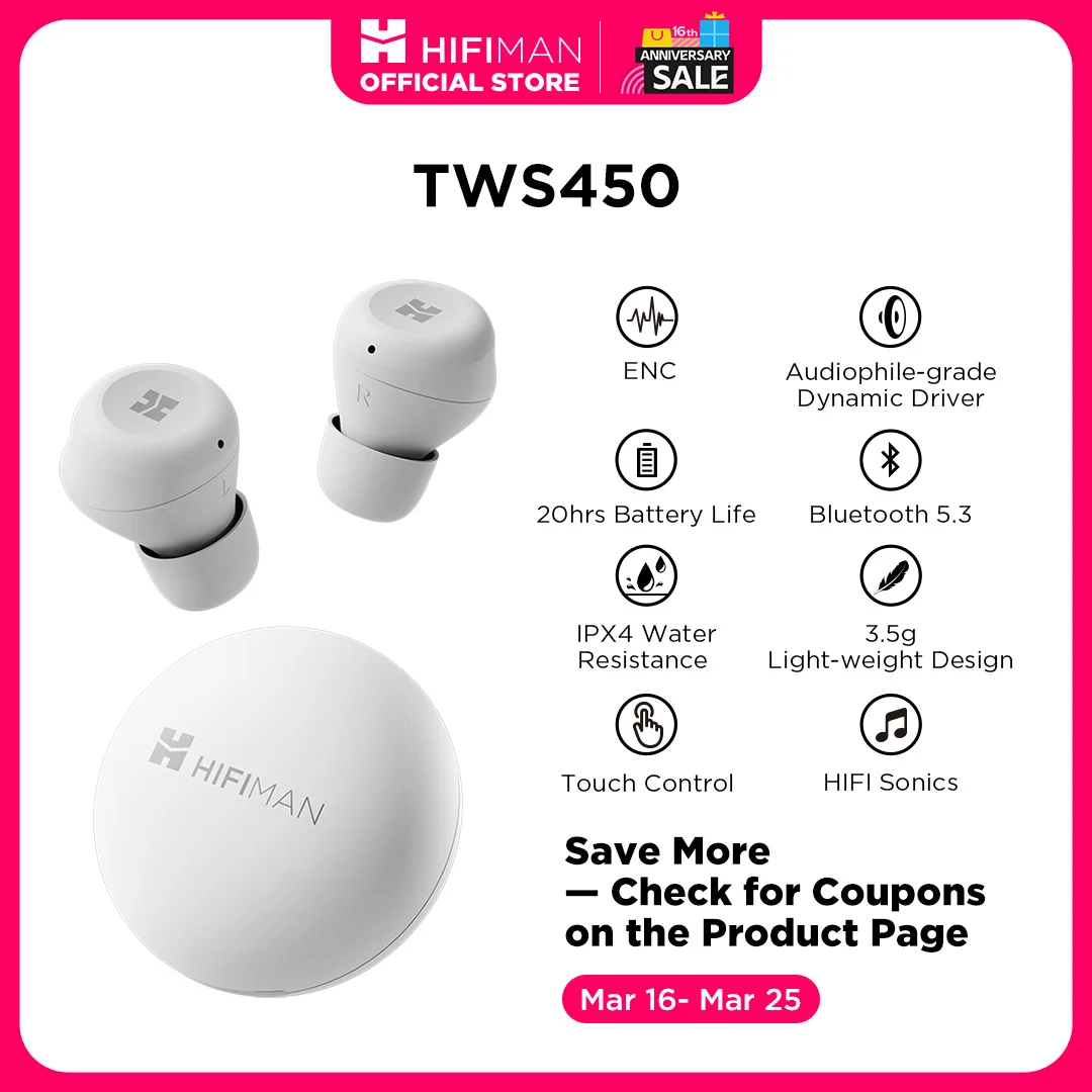 Auriculares inalámbricos HIFIMAN TWS450 con cancelación de ruido ambiental y controlador dinámico de calidad audiófila.