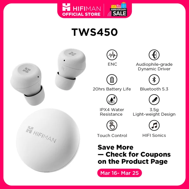 Auriculares inalámbricos HIFIMAN TWS450 con cancelación de ruido ambiental y controlador dinámico de calidad audiófila.