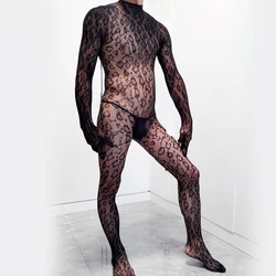 Men's Bodystockings Leopard Bodysuits Male Long Sleeved Gloves One-piece Lingerie Black Fishnet Pajamas Cool Gentlemen Sleepwear