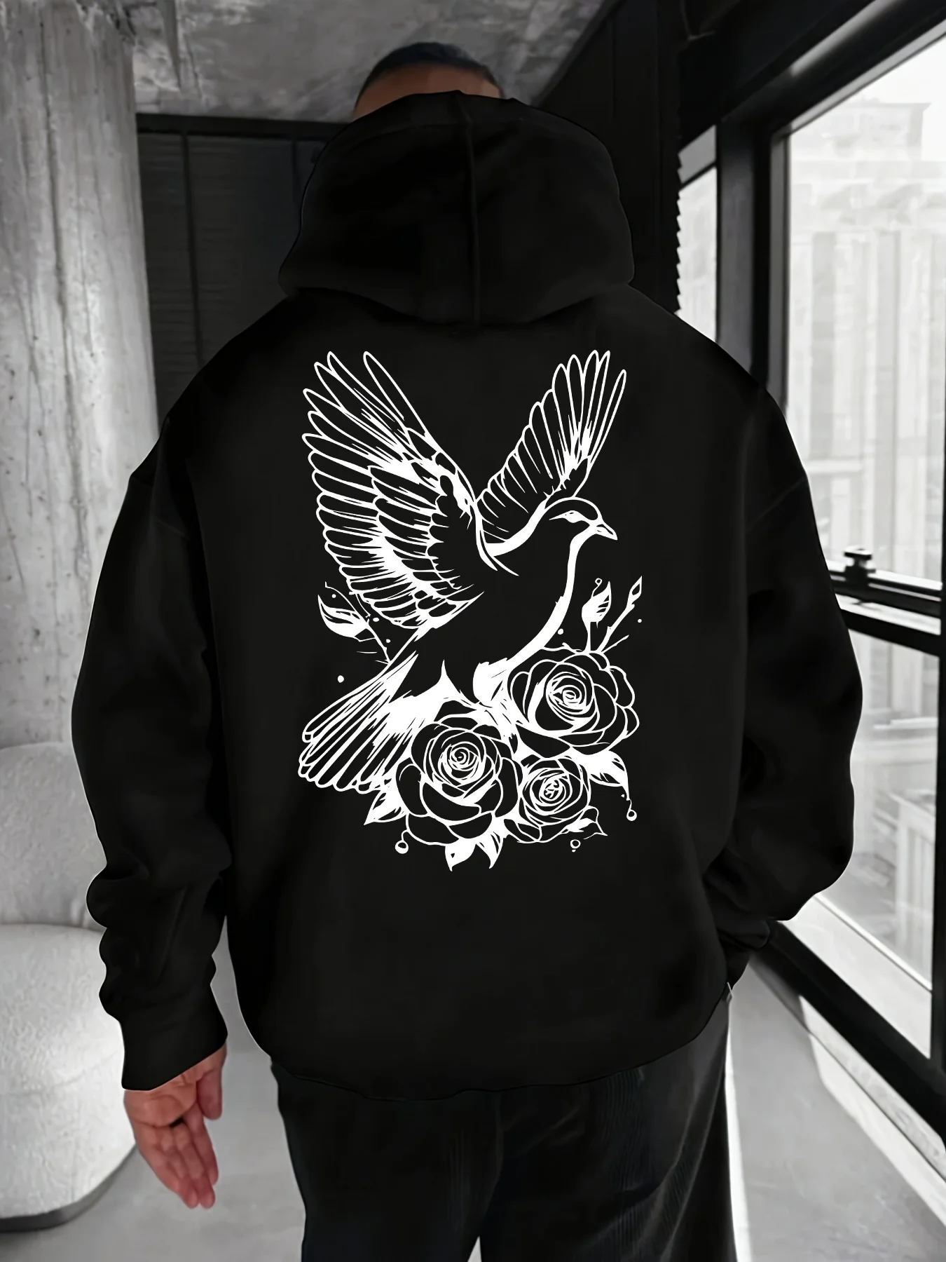 Men's Hooded Sweatshirt with Dove and Rose Print Is The Ideal Choice for Creating A Stylish and Casual Autumn/winter Look