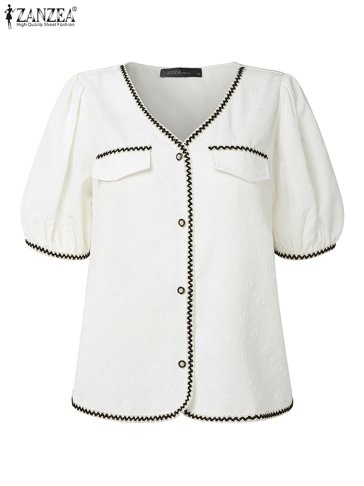 2025ZANZEA Elegante Splicing Ontwerp Werk Blouses Zomer Vrouwen Korte Bladerdeeg Mouw Kantoor Shirt Jacquard Tops Knoppen Blusas Mujer
