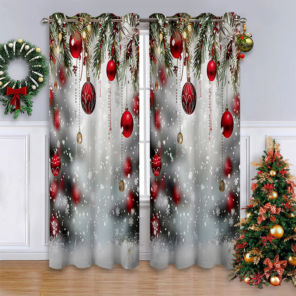 Curtains Featuring A Christmas Tree And Red Ornament Print, 100% Polyester, Festive Christmas Decor, Great Gift For Children.
