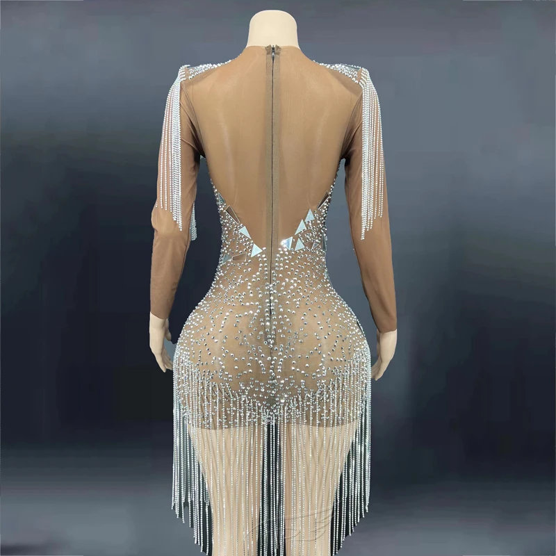 Robe en maille transparente avec chaînes de cristaux et miroirs argentés, à franges, Costume de célébration d'anniversaire, tenue de Festival en boîte de nuit, nouvelle collection