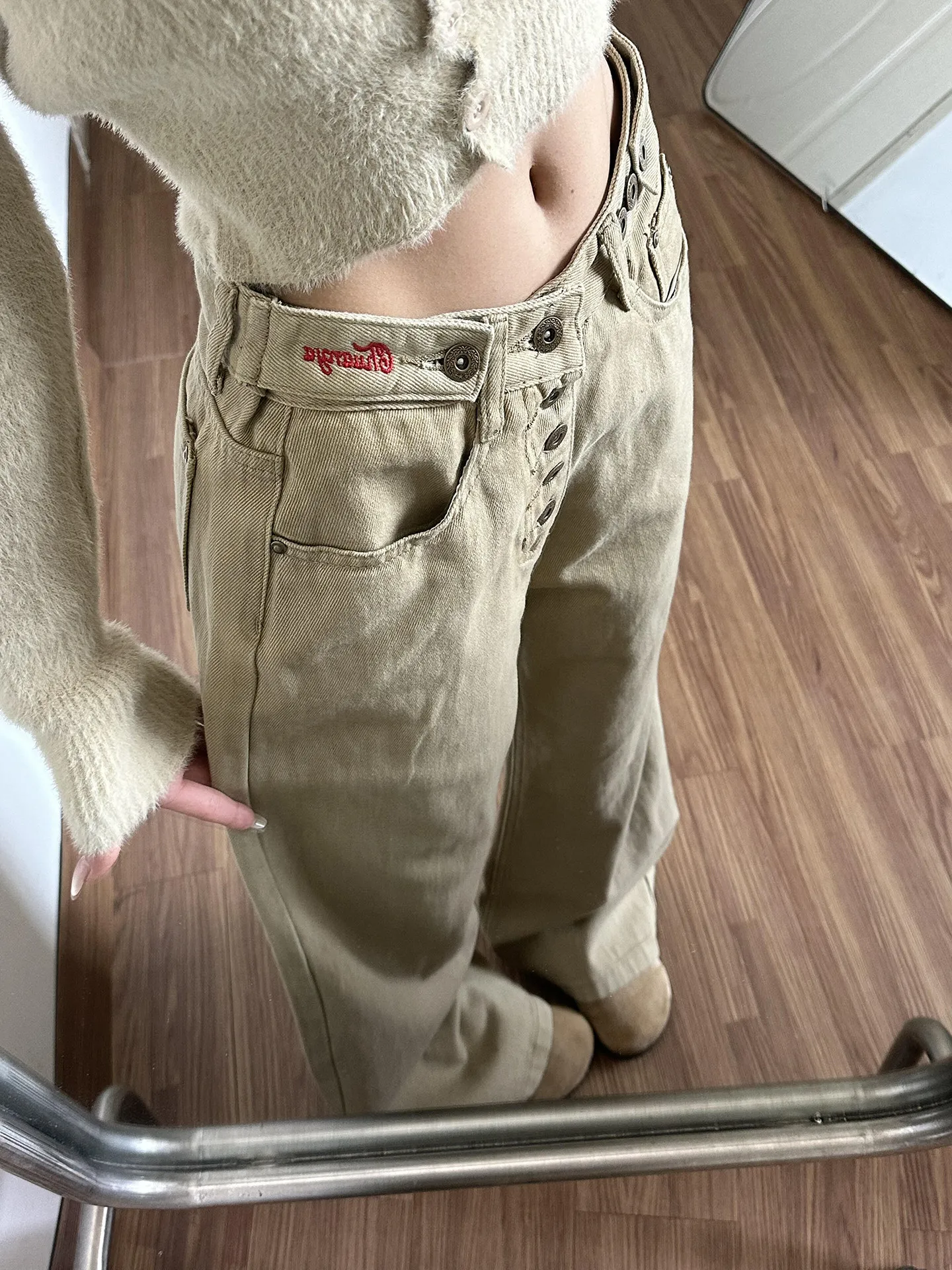 Khaki Color Design Sense Flared Jeans Men's Women's American Vibe Knife Jeans Cleanfit Wide Leg Flared Pants Casual Wear