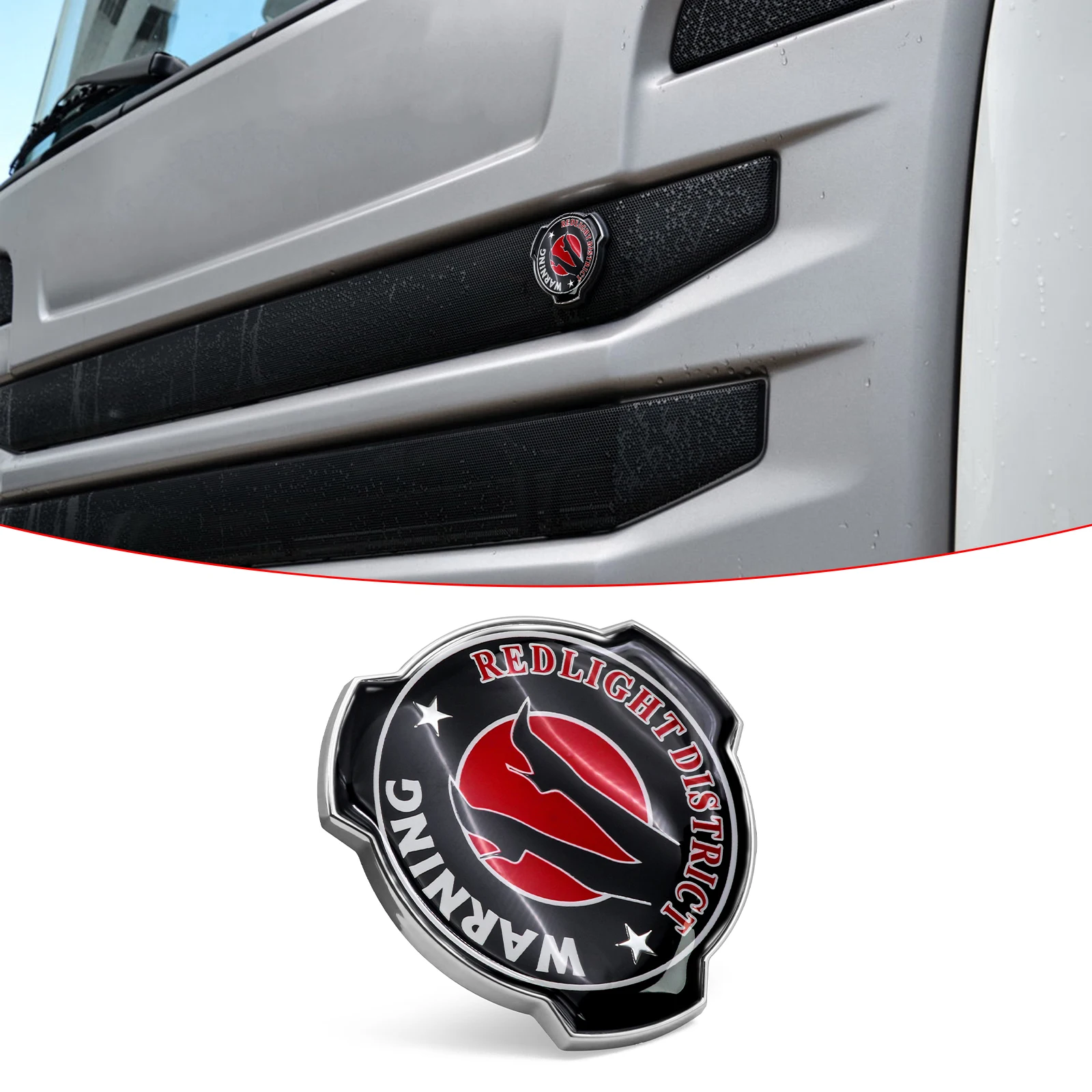 1PC New Custom Red Light District Warning Logo Fits For Scania Truck Car Front Grille Inserted Emblem Badge 1401610