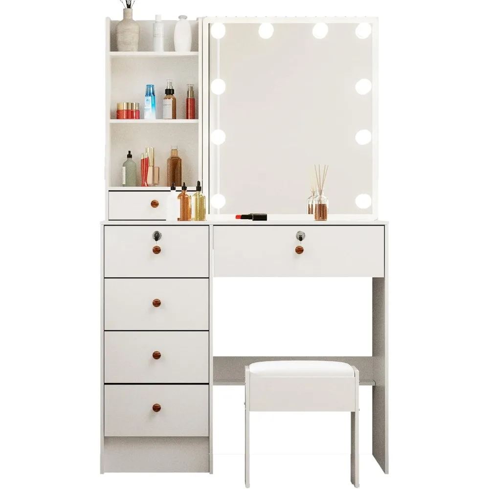 

Vanity Desk with Lighted Mirror, Storage Drawers,Hollywood Mirror Vanities & Vanity Benches, Girls Dressing Table