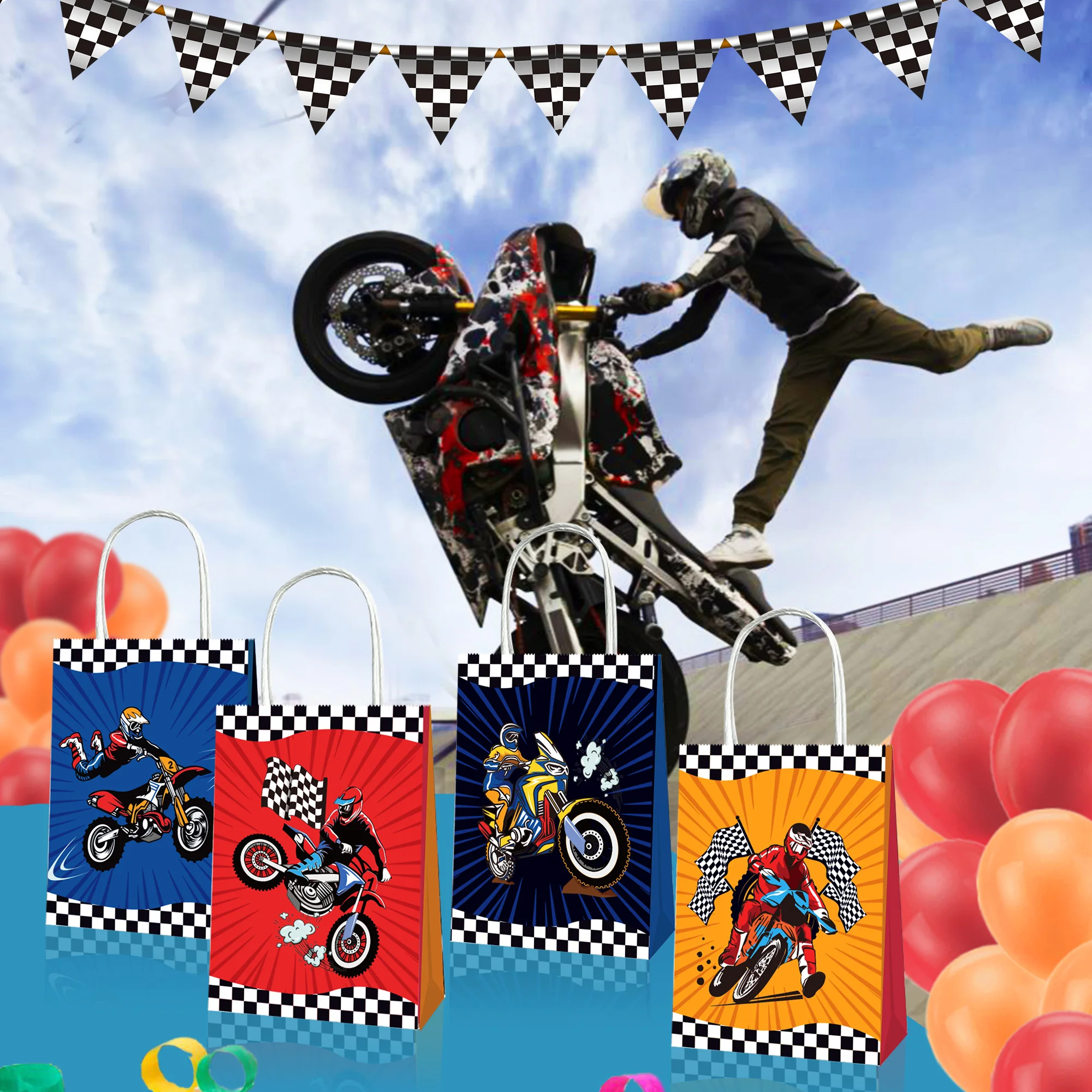 6/12/18/24/30 Stück Dirt Bike Motorrad Party Geschenktüte mit Griff Candy Goodie Bags Motorrad Racing Geburtstag Party Dekorationen – Detail 1
