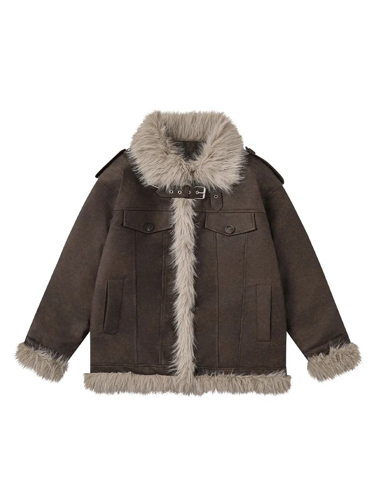 American Style Retro Fur Integrated Plush Cotton Clothes Men's 2024 Winter Faux Fur Parkas Trendy Male Warm Cotton-padded Tops