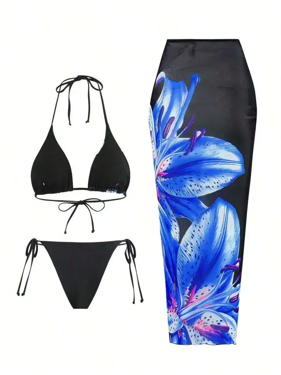 Triangle Bikini Top With Side Tie Bottom And Floral Print Mesh Coverup 3-Piece Swimwear Set For Women