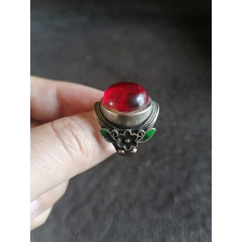 Antique Collection Ruby round Ring Gem Old Silver Inlaid Silver Ring with Opening Pure Silver Ring Ring Wholesale