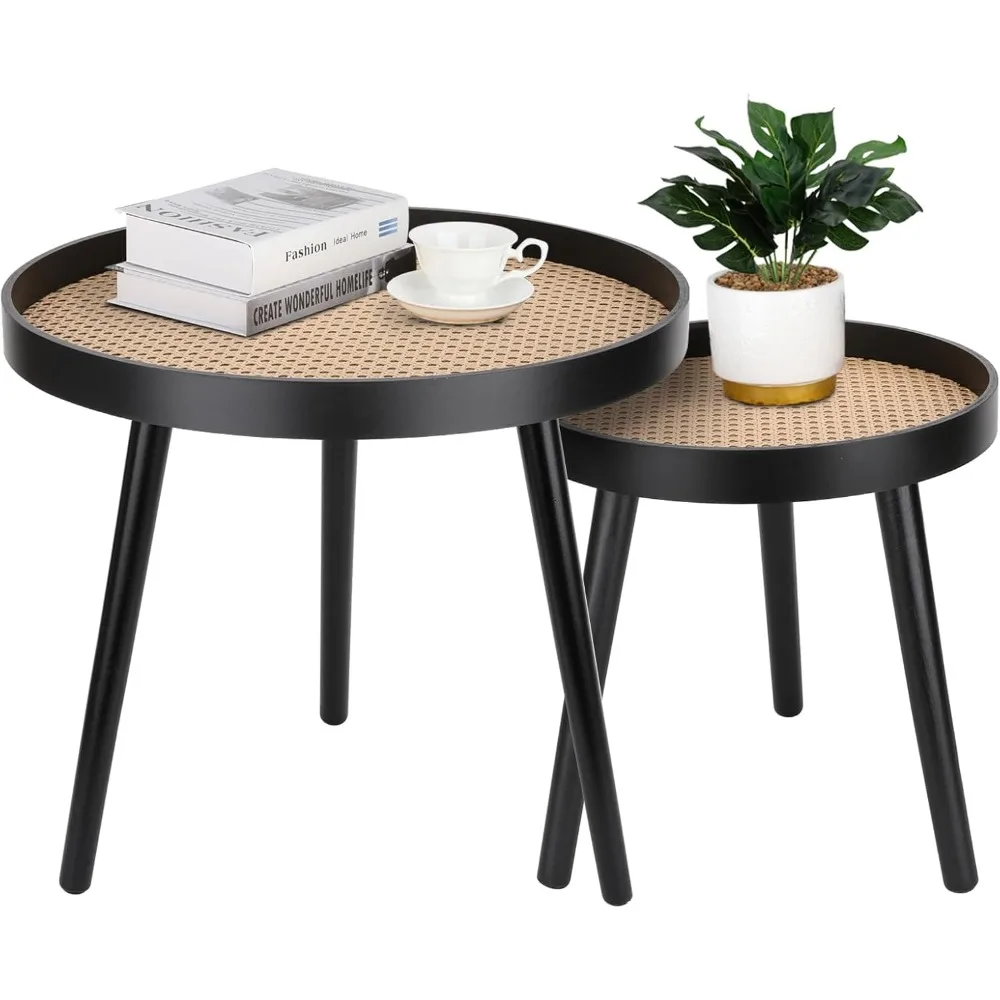

Black Rattan Small Round Side Table, Modern Bohemian Accent Table, Mid-Century Inspired Outdoor Side Table