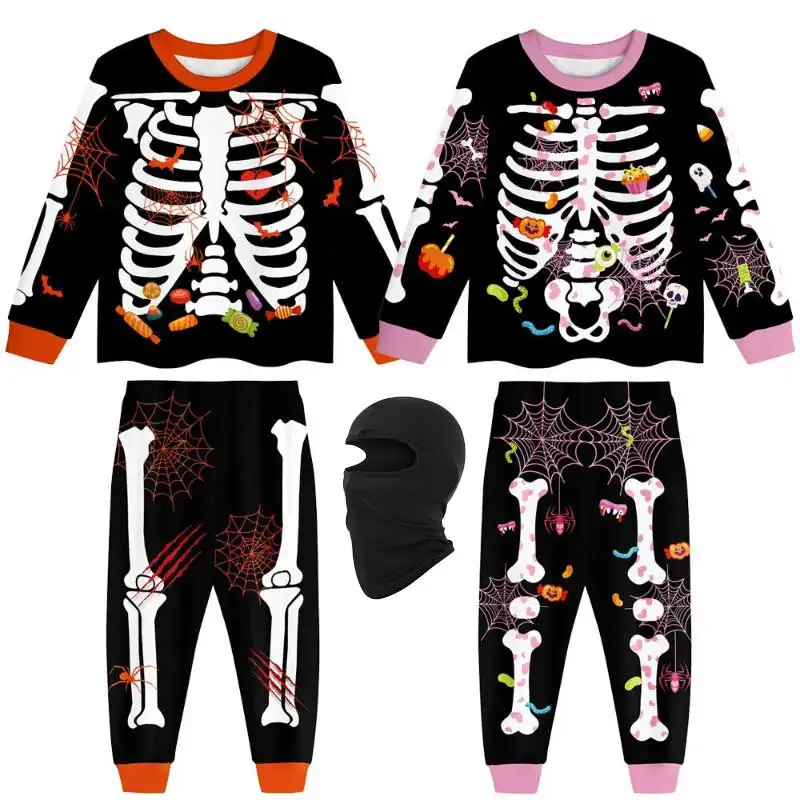 

Наряд со скелетом для мальчиков и девочек, одежда для маленьких детей, комплект с капюшоном и штанами со скелетом, черный комплект одежды с длинными рукавами, костюм на Хэллоуин