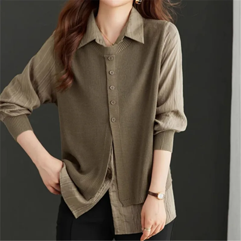 Fashionable Fake Two-piece Shirt Collar Knitted Sweater 2026 Autumn and Winter New Loose Casual Long-sleeved Top Cardigan