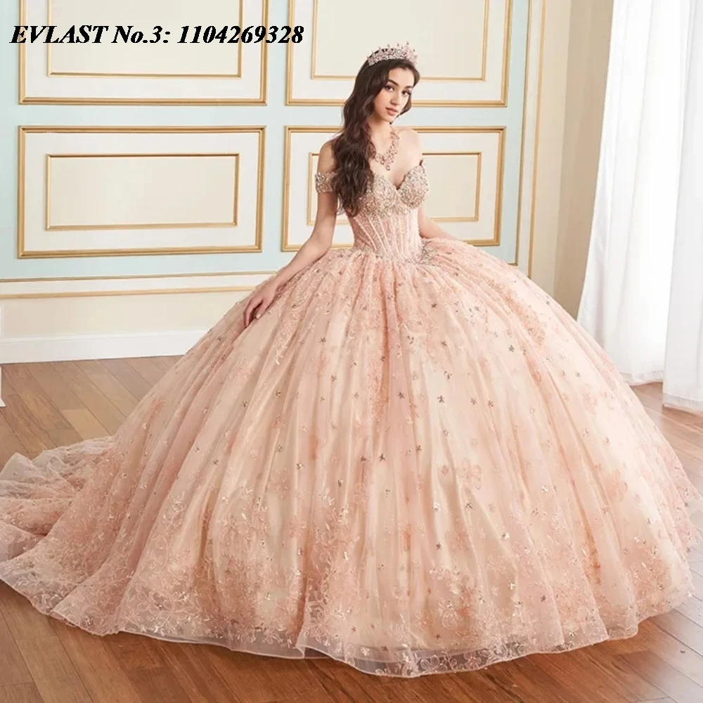 

EVLAST Customized Blush Pink Quinceanera Dress Ball Gown Floral Lace Applique Beaded Corset Sweet 16 Vestidos De 15 Anos E3Q102