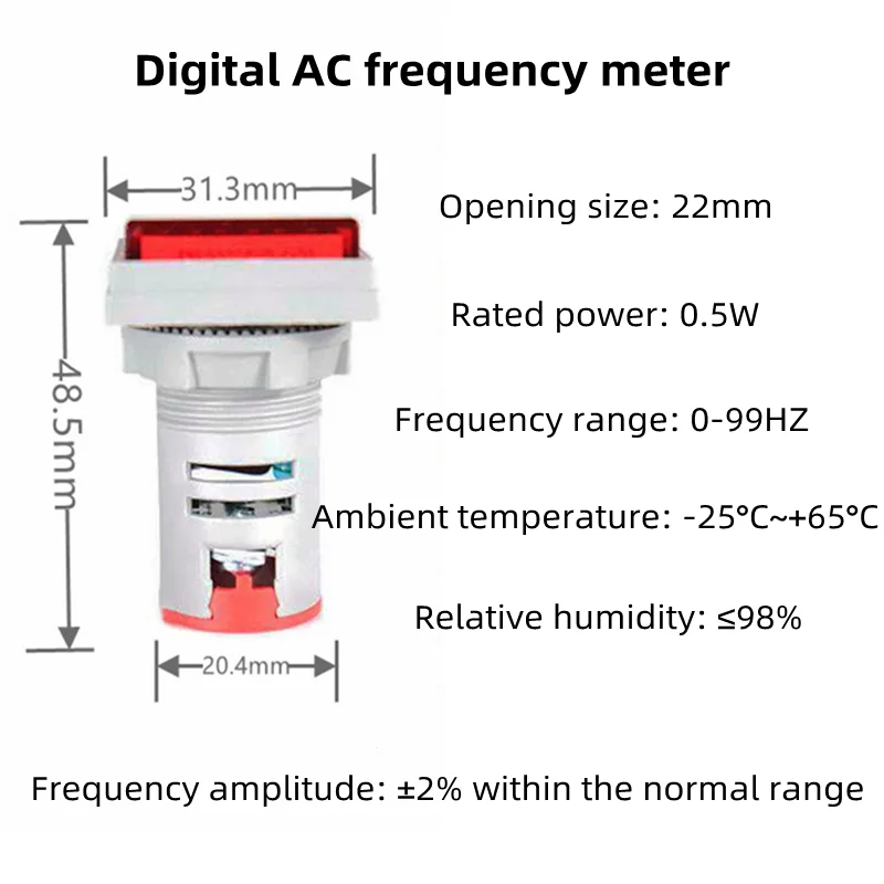 22mm Mini Digital Voltage and Current HZ Meter Square AC 20-500V Voltage Test Meter Power LED Indicator Test Light Display