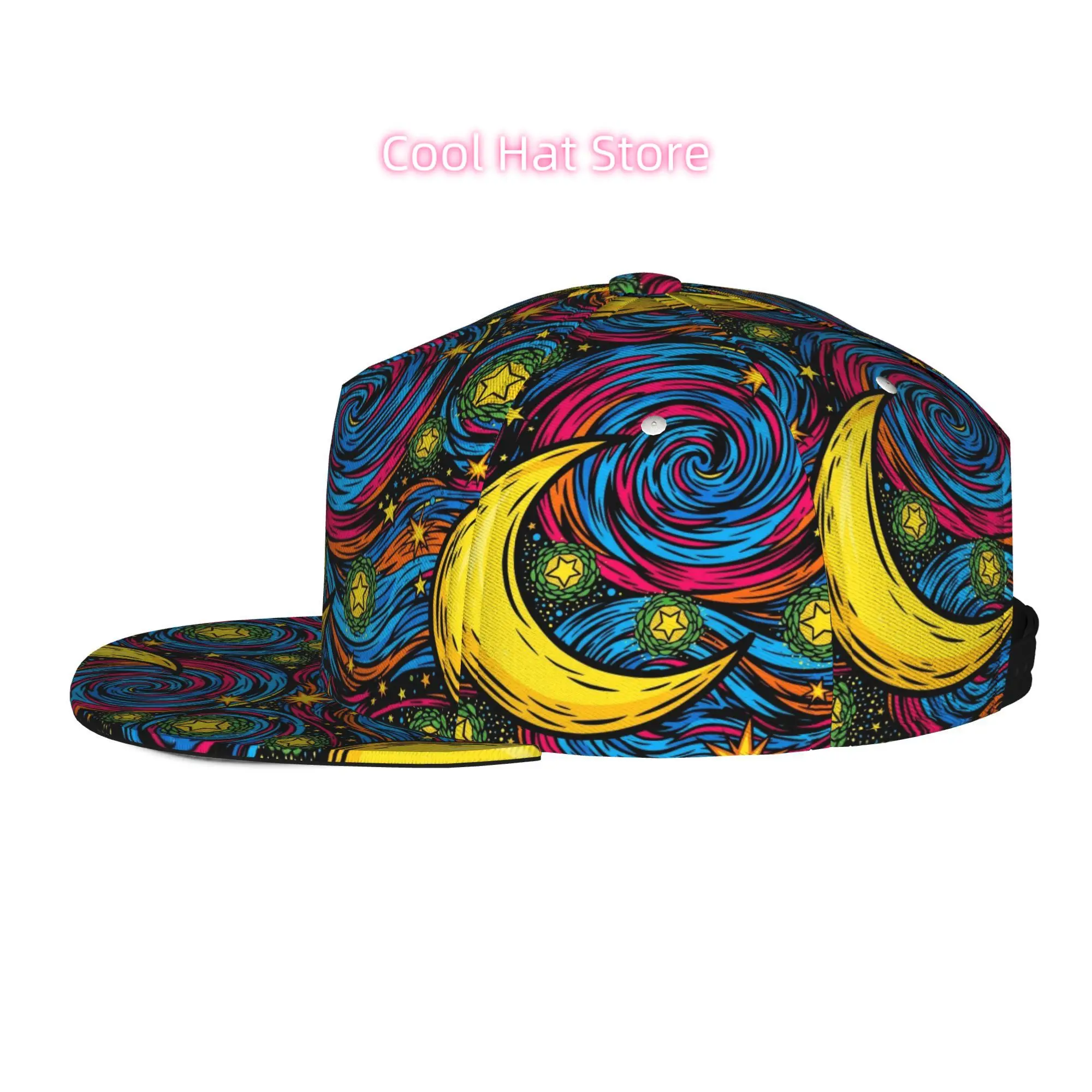 Men's & Women's Baseball Cap with Cosmic Swirl, Crescent Moon & Stars Design - Adjustable Snap-On Brim, Flat-Top Suitable for Ca