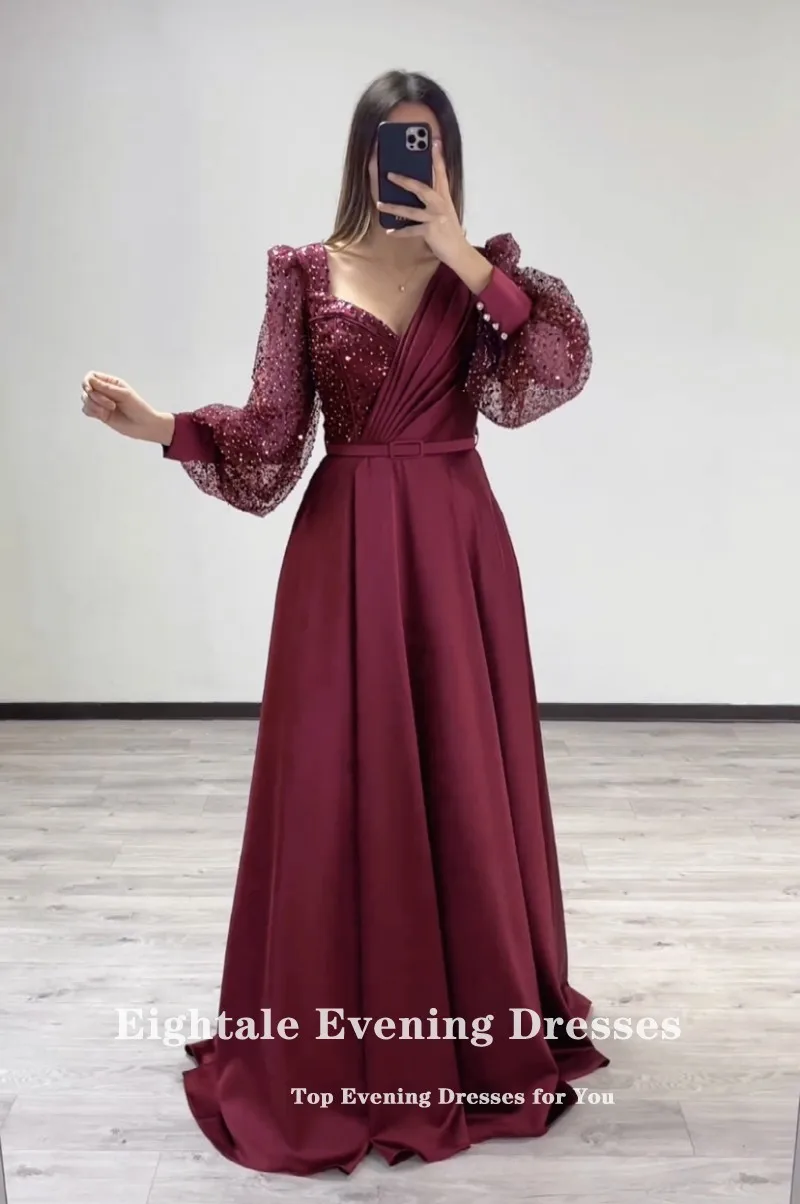 Eightale Burgundy Evening Dresses Long Sleeves Sweetheart Glitter A-Line V-Neck Satin Prom Party Gown  vestido de fiesta