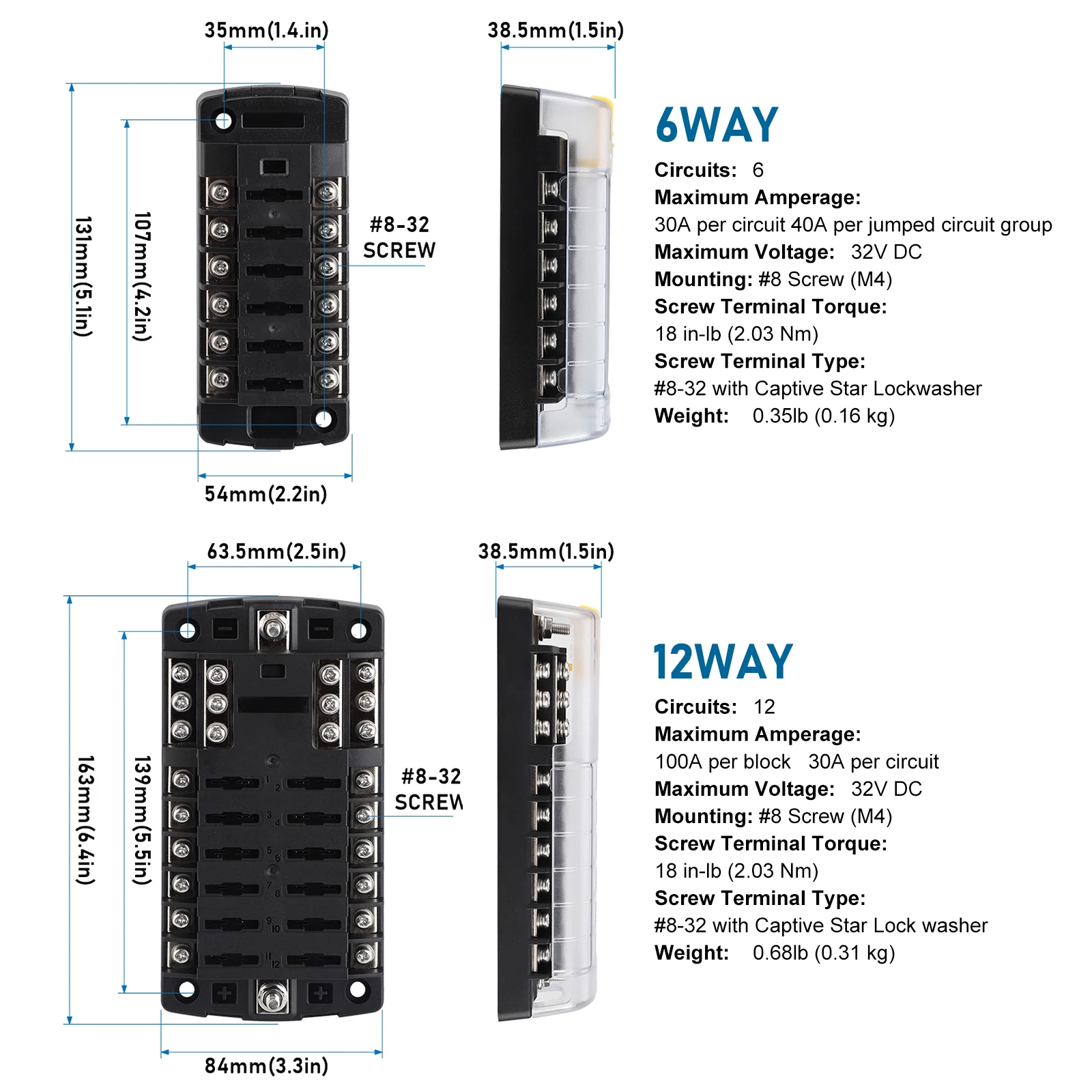 6/12 Way Car Boat Blade Fuse Box Block Holder LED Indicator 12V 32V Auto Marine Waterproof Power Distribution Panel Board