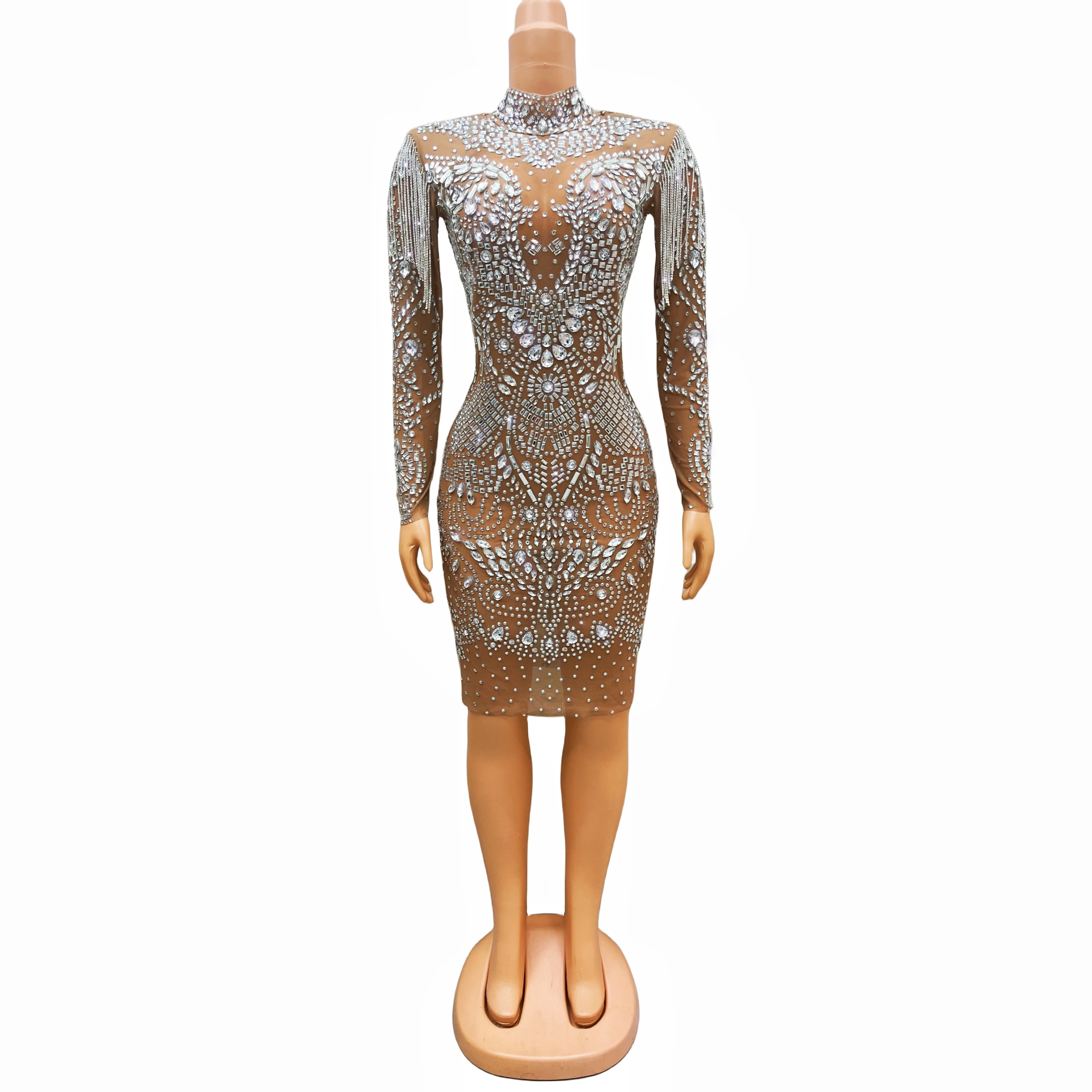 

Flashing Full Rhinestones Crystal chains Luxury Heavy Mesh Dress Women Party Evening Outfit Fashion Show Perform CostumePiaocong