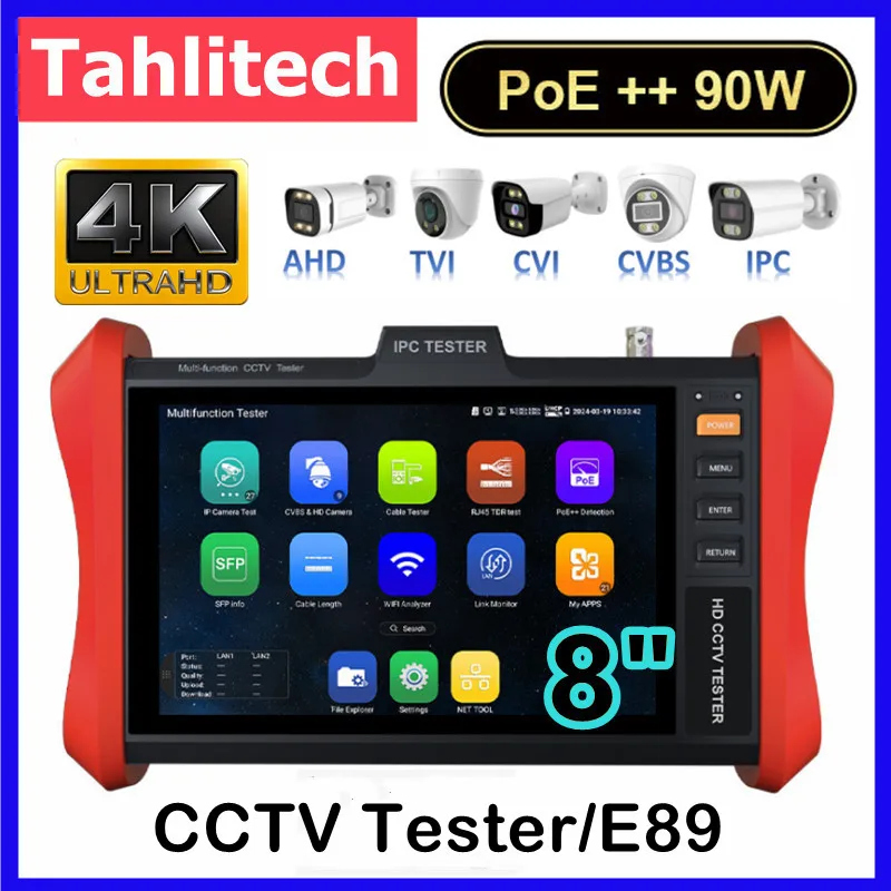 Tahlitech 8 inch POE++ 90W SFP 4K H.265 IP Camera CCTV Tester RJ45 Network Cable Tester CCTV IPC Tester 4K HD Camera Monitor