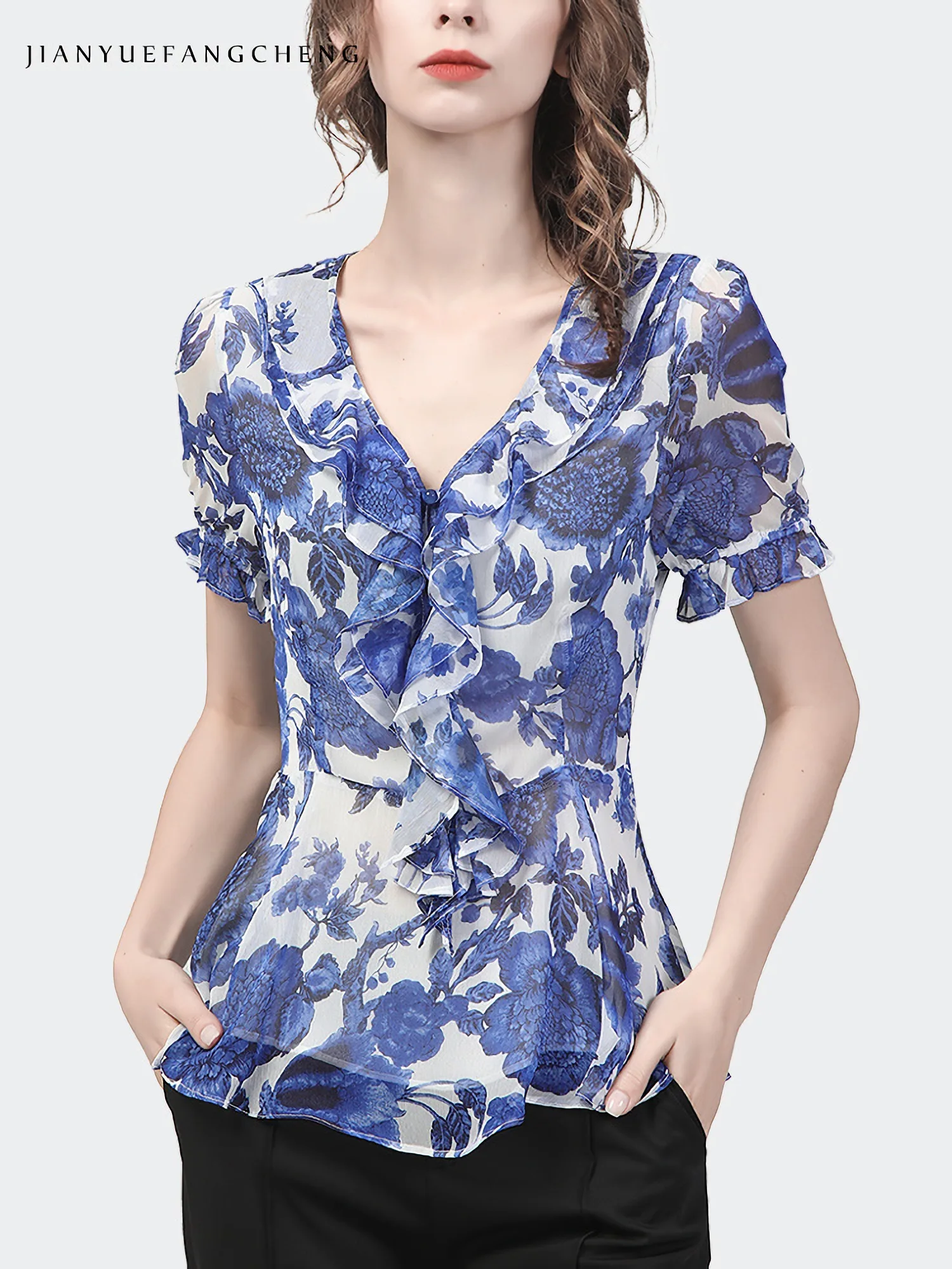 Fashion Blue Floral Printed Chiffon Blouse Women Short Sleeve V-Neck Ruffles Summer Tops Elegant Slim Fit Vintage Casual Shirts