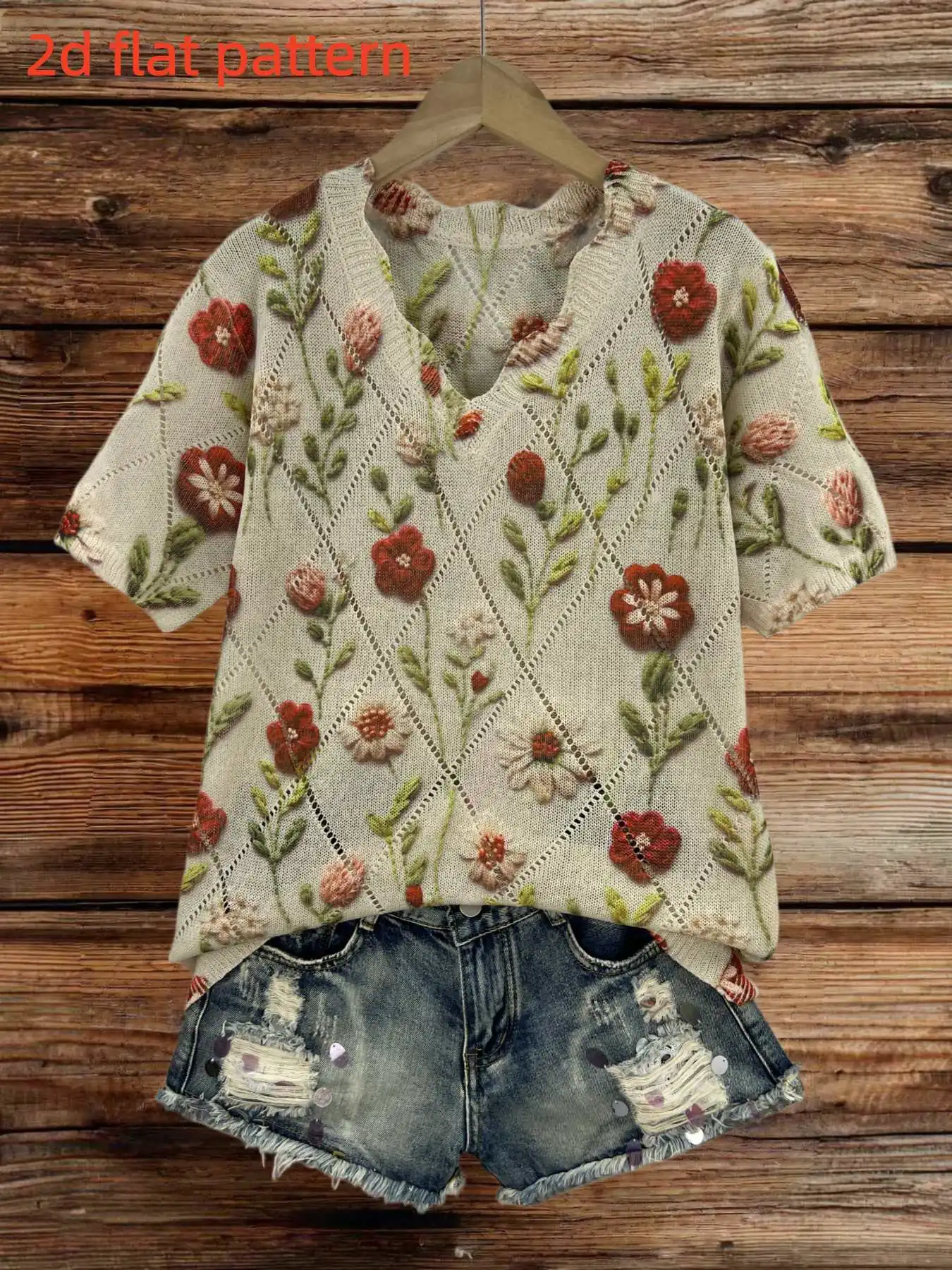 

Spring and Summer Fashion New Stylish Versatile Pullover Short-Sleeve Women's Top with Floral Pattern Digital Print Trendy Women's V-Neck Hollow-Out Knit Sweater