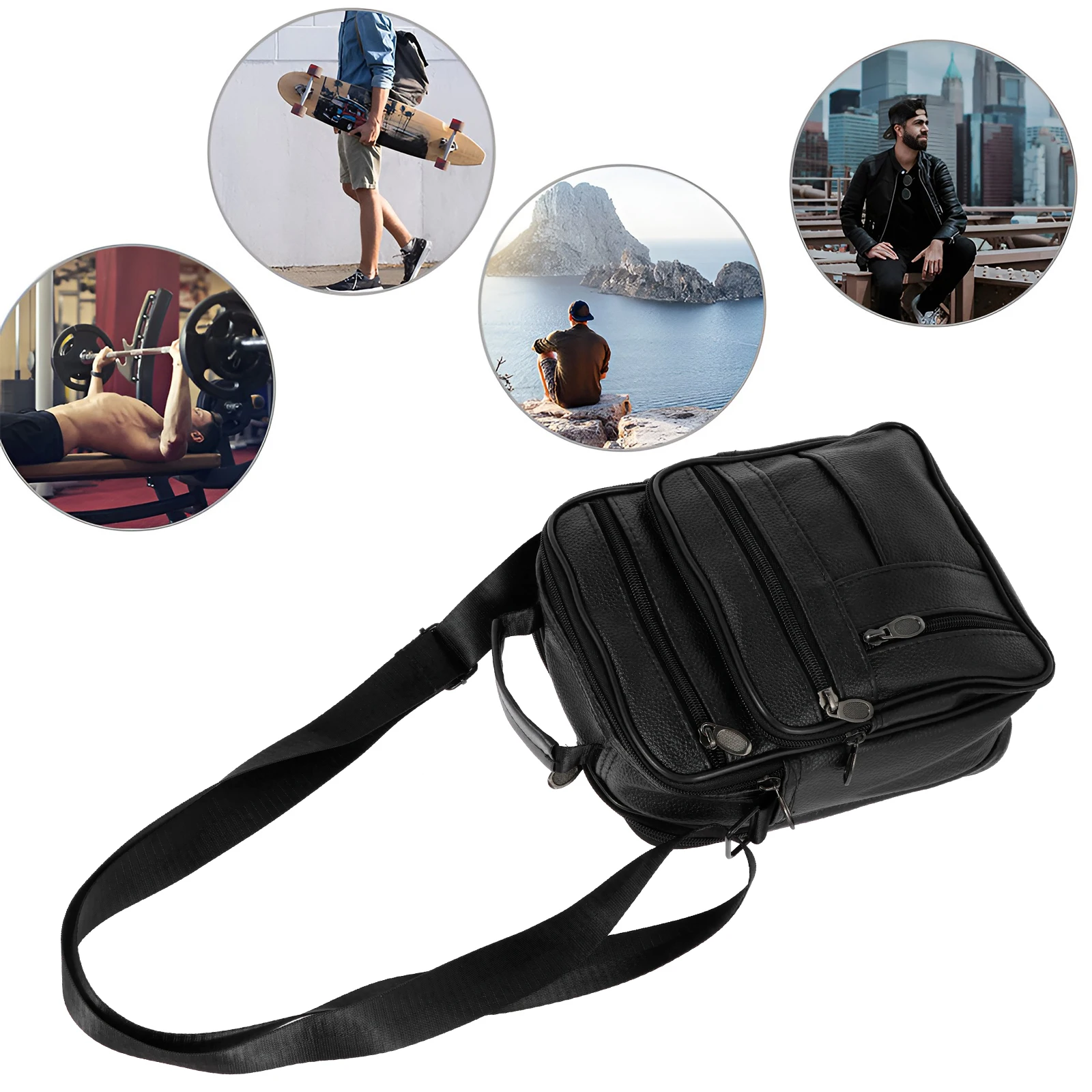 Men\'s Shoulder Bag PU Leather Fashion Handbags Adjustable Shoulder Strap Men\'s Chest Bag Casual Office Travel Crossbody Bag