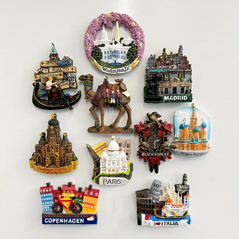 1pc Handmade 3d resin art fridge magnets, Italia Sophia Cathedral Madrid Black Forest Moscow Washington Paris Copenhagen , perfe