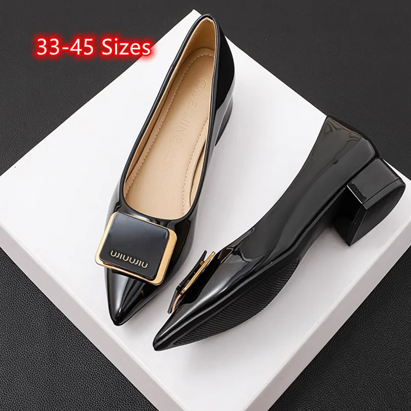 Women Dress Shoes Low Heels Elegant Pumps Square Button Pointy Toe Shallow Mouth Leather Slip-On Green Wine Black Plus Size 3-45