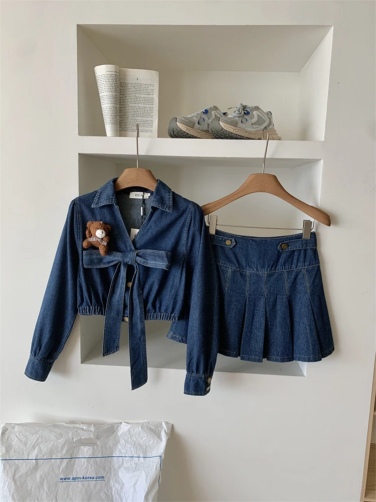 Women\'s Blue Denim Skirt Sets 90s Vintage Long Sleeve Jeans Jacket with A-Line Mini Skirts Y2k Two Piece Suit 2000s Clothes 2024