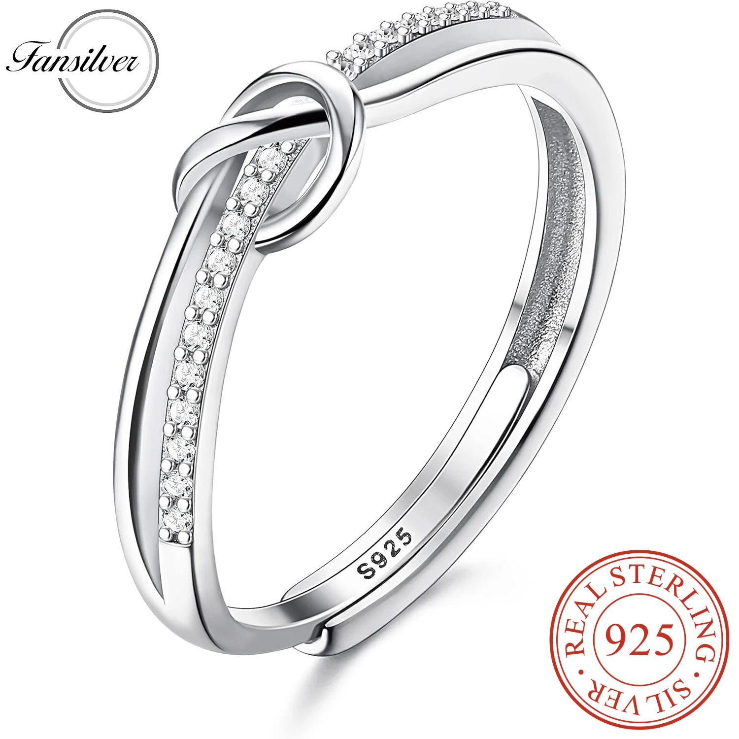 خاتم Fansilver من الفضة الإسترليني عيار 925 للنساء قابل للتعديل مكعب زركونيا خاتم عقدة الحب هدية لصداقة الزفاف