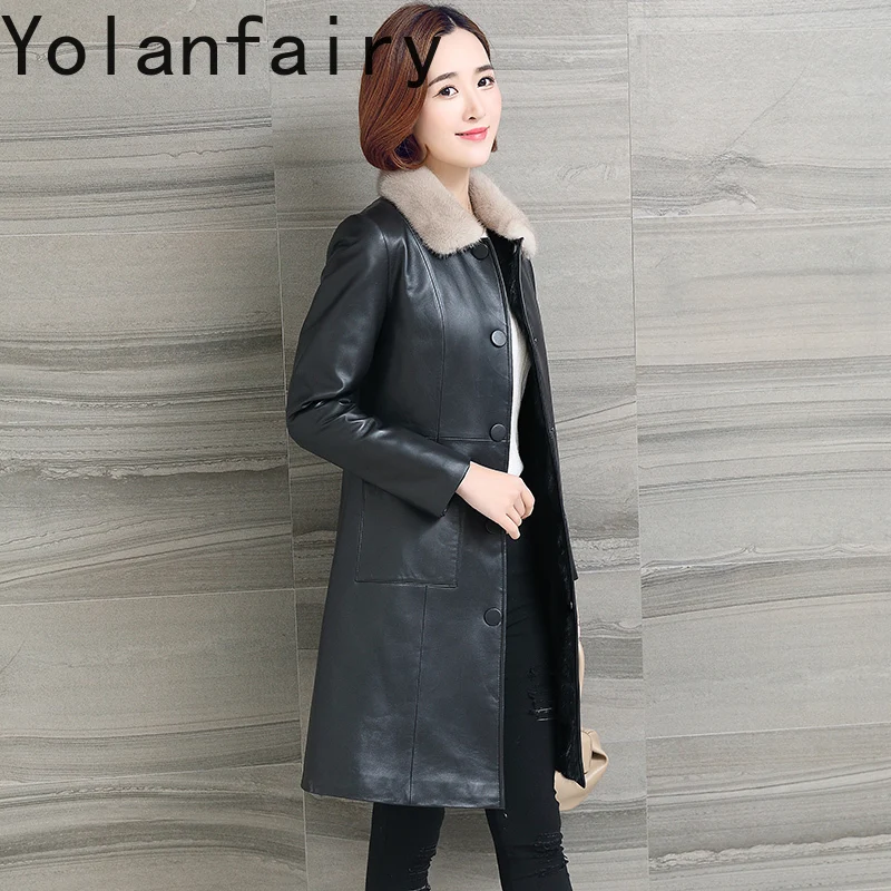 YOLANFAIRY الراقية جلد الغنم الحقيقي سترة النساء 2025 الشتاء الفاخرة فرو المنك بطانة معطف منتصف طول معاطف الفرو الدافئة ضئيلة