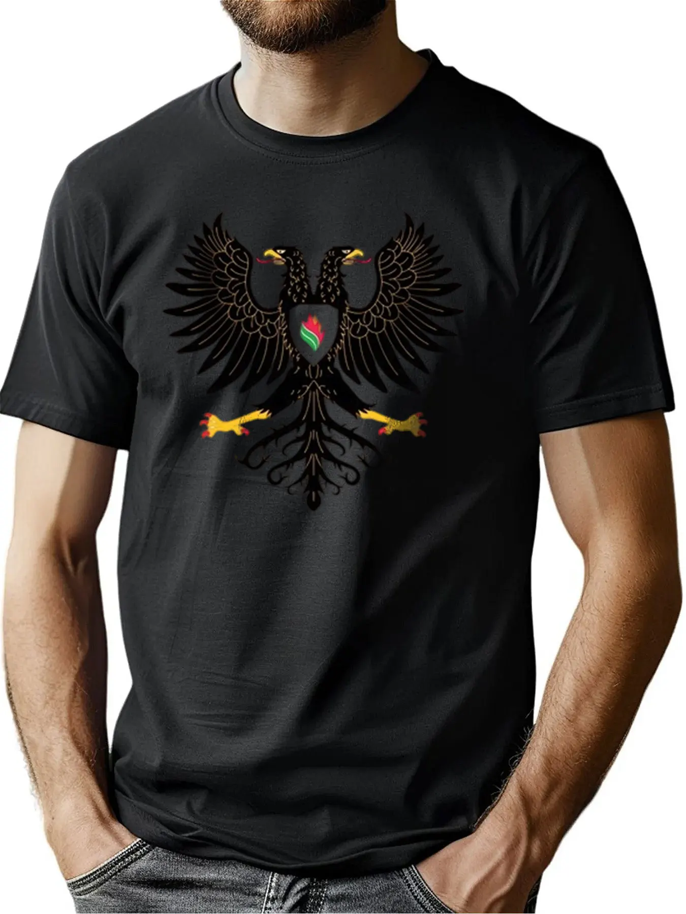

Men's Premium Cotton T-Shirt With Double-Headed Eagle And Latin Letter Print, Soft Crew Neck Top For Casual Wear, Christmas Gif