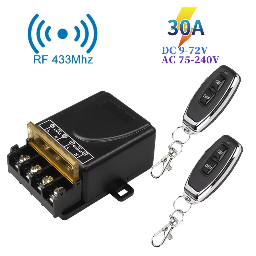 

433Mhz Wireless Remote Control Switch AC 75-220V/DC 9-72V 30A Relay Receiver Transmitter for Water Pump Motor LED Electric