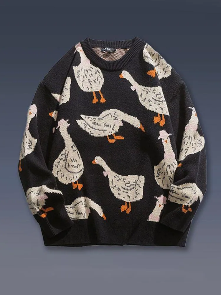 Chic Cartoon Animal Duck Goose Print Knitted Sweater Men Pullover Harajuku Casual O-Neck Oversize Streetwear Fall Winter Top