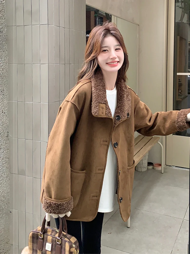 Dwustronny płaszcz damski z karmelowej skóry, ocieplany futrem jagnięcym, idealny na jesień i zimę, ciepły, bawełniany.