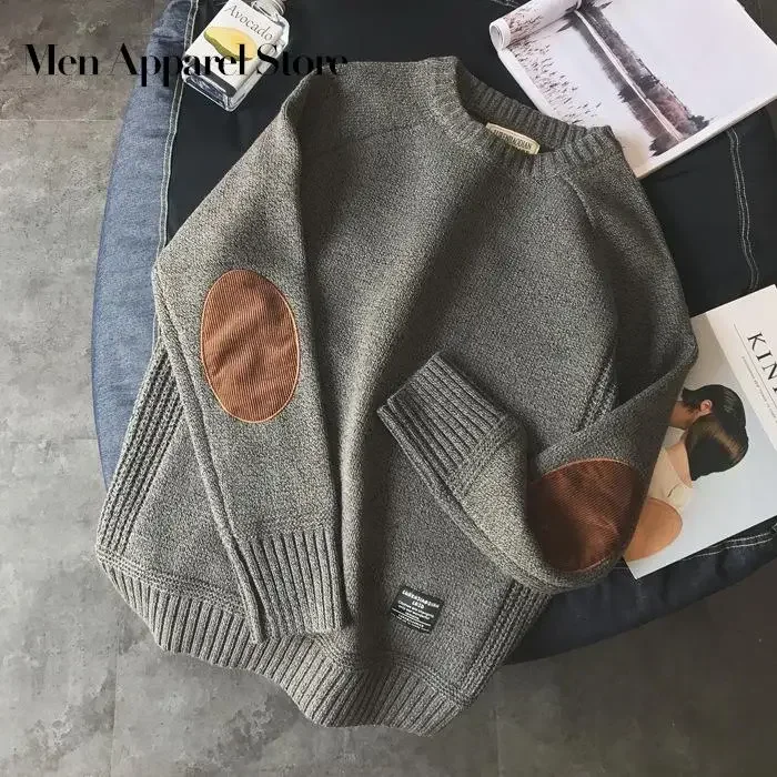 

Pullover Knitted Sweater Men Oversize Patch Designs Knit Men's Clothing Korea Harajuku Streetwear Pullovers Sweaters For Men