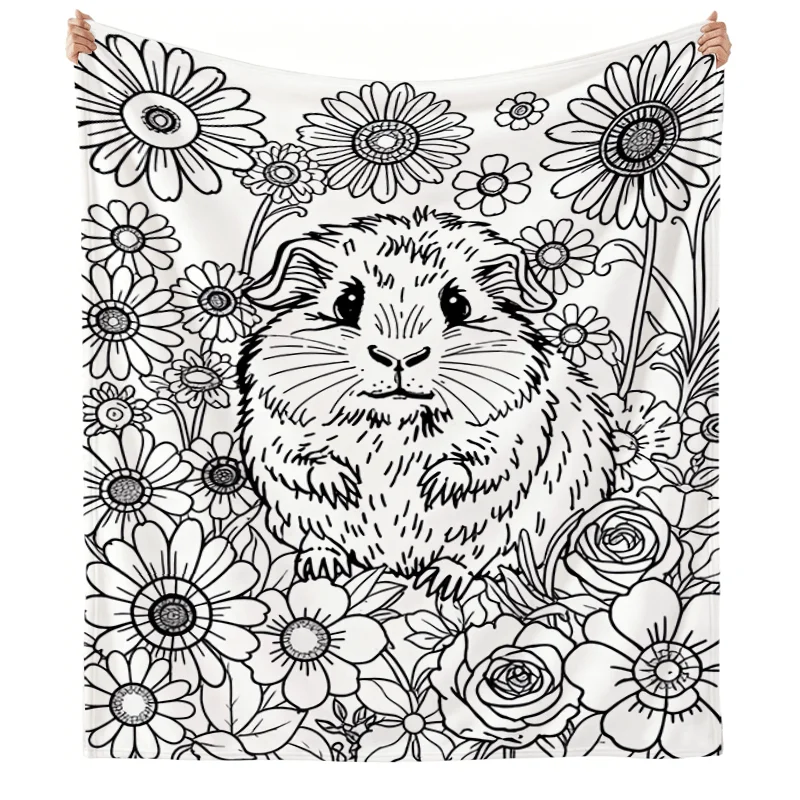 Hand-painted Flannel Throw Blanket with Cute Guinea Pig, Daisy, and Rose Prints, a Warm Blanket for Napping on the Sofa, Soft an