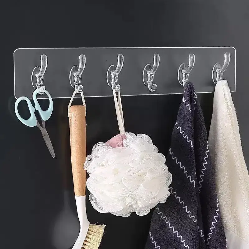 6 Hooks Transparent Holder Rack Bathroom Towel Sponge Storage Hanger Living Room Hat Clothes Seamless Hook Organiser