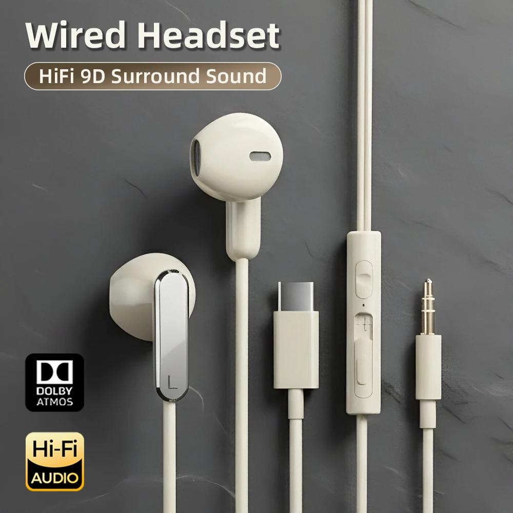 HiFi سماعات سلكية USB نوع C 3.5 مللي متر داخل الأذن سماعات الثقيلة باس سماعة رأس ستيريو آيفون 17 16e سامسونج S25 S24 S23 سماعات الأذن