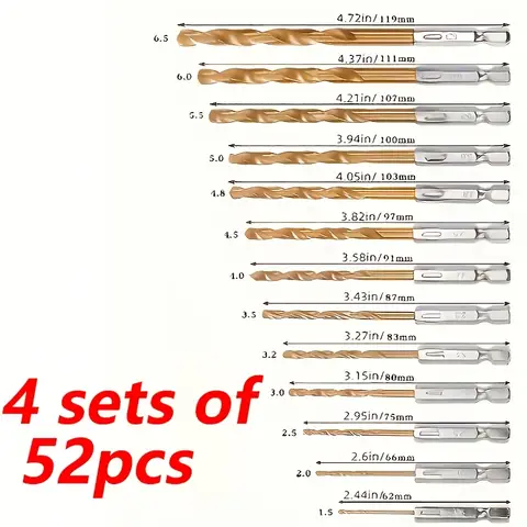 52 Hexagonal Drill Bit Sets with Titanium Coating (1/16' - 1/4'), Featuring Hexagonal Shank Design for Easy and Quick Replacement, 135° Drill Bit Tip, Suitable for Wood, Soft Metal, and Plastic