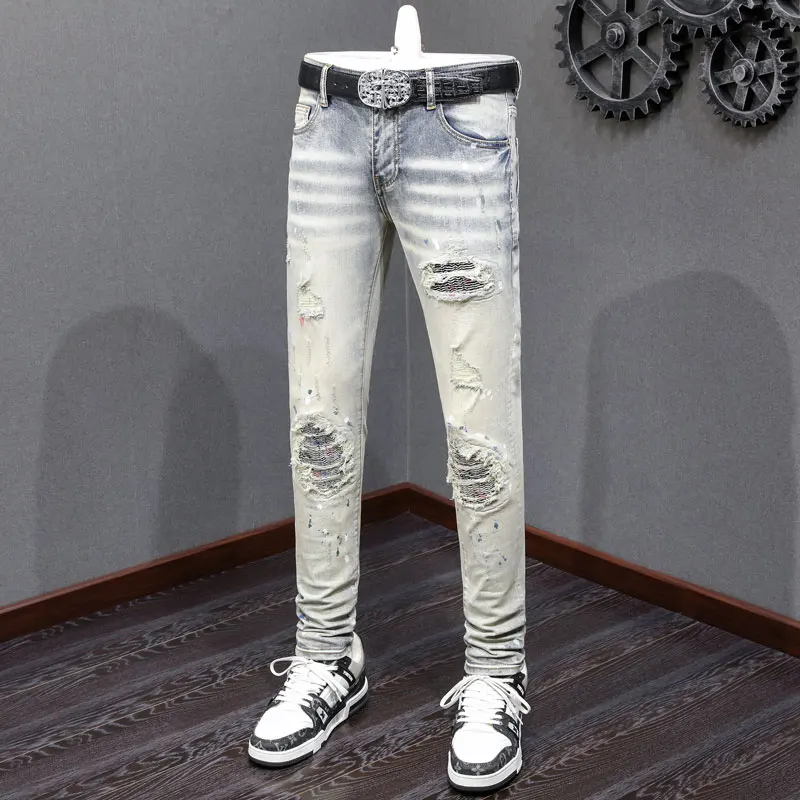 

Street Fashion Men Jeans Retro Washed Stretch Skinny Fit Ripped Jeans Men Painted Designer Patched Hip Hop Brand Pants Hombre