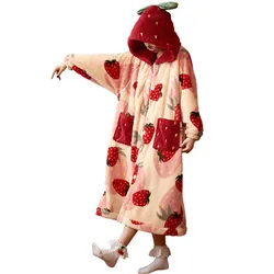 In stock new women's winter pajamas strawberry cartoon hooded role-playing long robe jacket cute home clothes pajamas Kawaii fla
