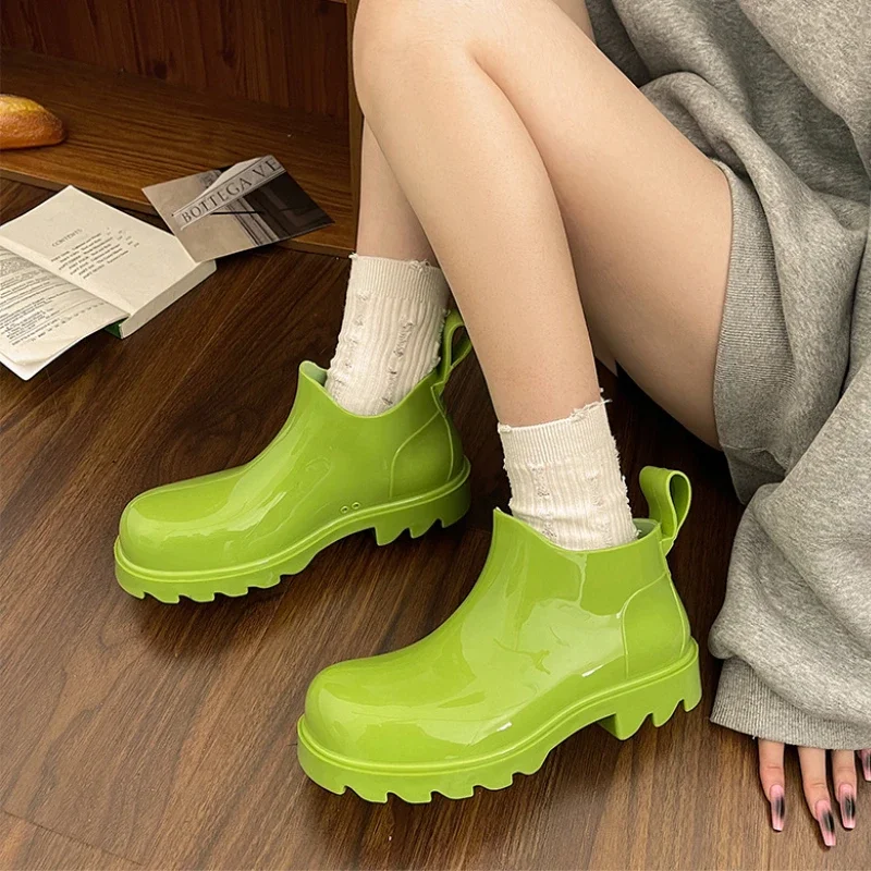 Women\'s Rain Boots Non-slip Waterproof Multicolored Short Boots Comfy Stylish Brand Platform Boot Outdoor Jobs Green Rain Shoes