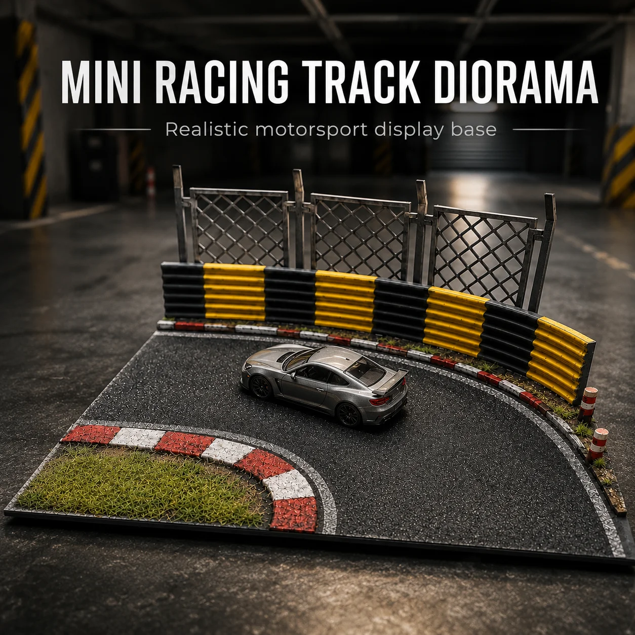 Simulated curved track scene platform with protective fence, base accessory for model car and vehicle display