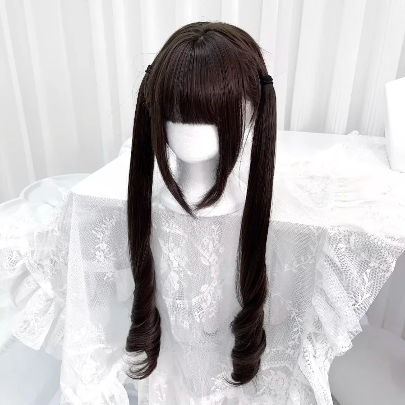 Women's Long Pigtail Wig with Air Bangs Dark Brown Heat Resistant Synthetic Hair for Daily Wear & Cosplay image 2