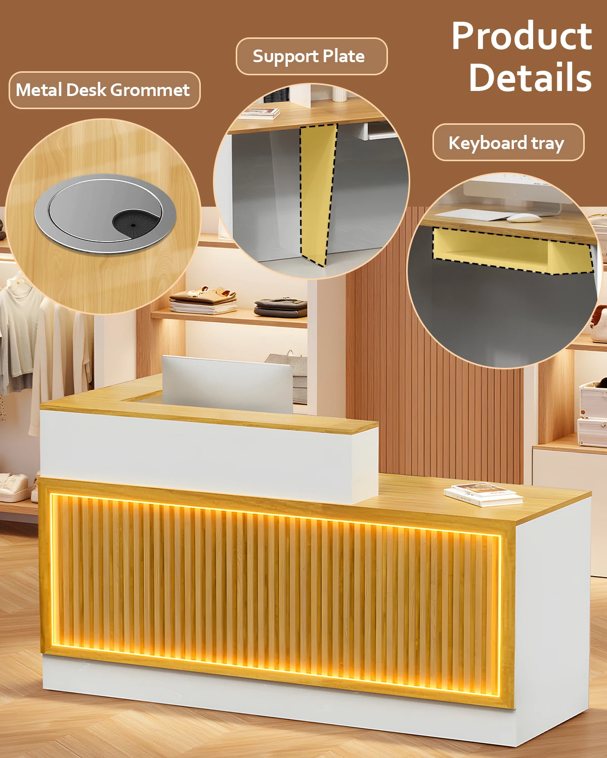 Modern Reception Desk, Solid Wood Reception Desk with Counter, Check Out Stand with Lockable Drawer & Cabinet