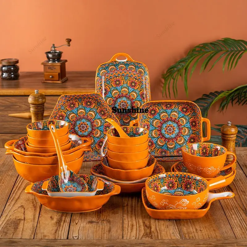 Bohemia Ceramic Rice Bowl Serving Plate Creative Ceramic Cutlery Soup Noodle Bowl Household Handle Bowl Sauce Dish