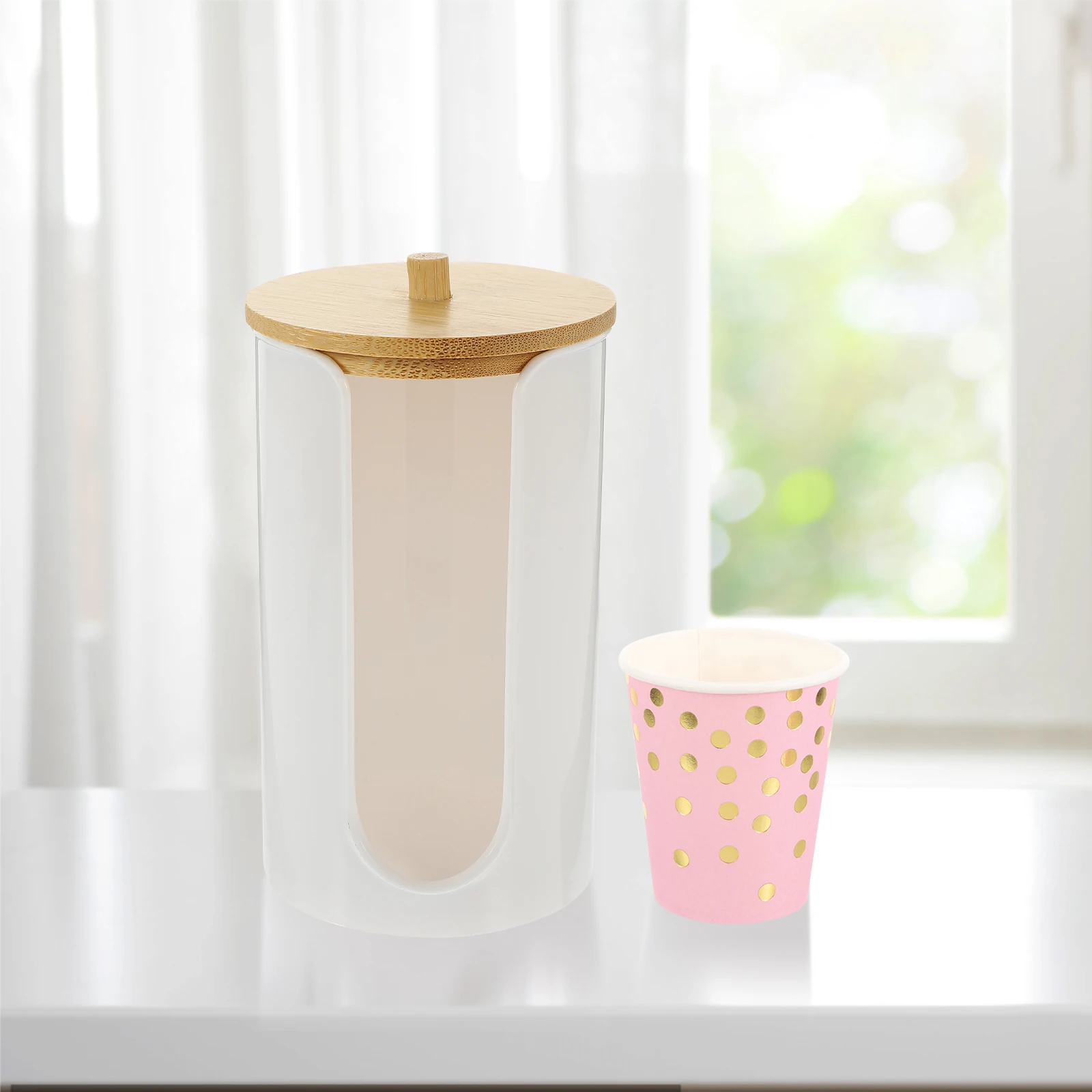 

Bathroom Cup Dispenser Clear Bamboo Lid Holder for Disposable Paper Cups Mouthwash Cotton Pads Round Hotel Home Furnishing Easy